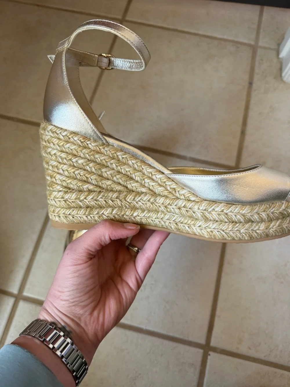 Stuart Weitzman Metallic Gold Espadrille Wedge with Ankle Strap size 8 NWOT - Picture 9 of 12